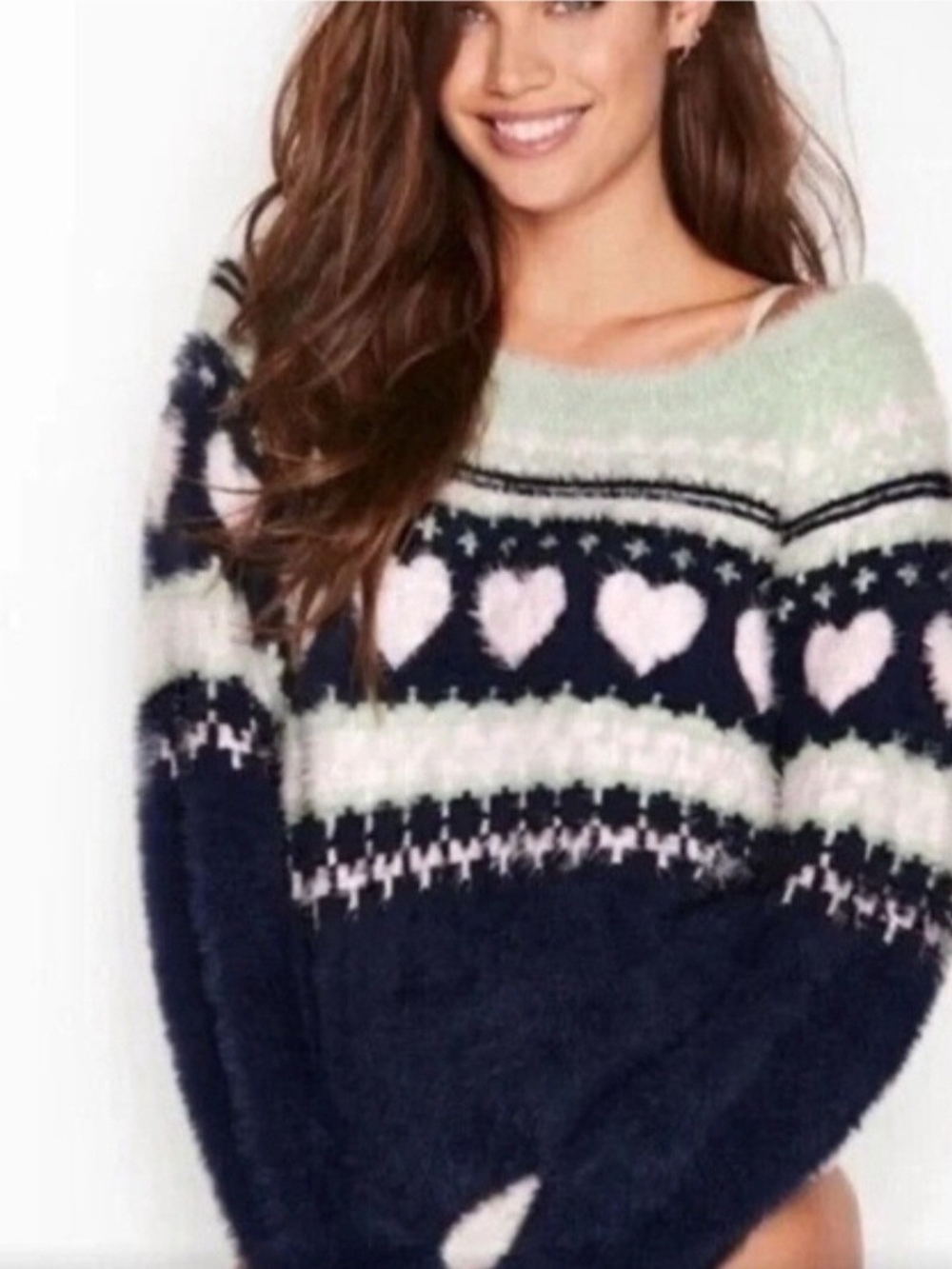 Victoria's Secret Navy, Mint & Pale Pink Off-Shoulder Heart Sweater